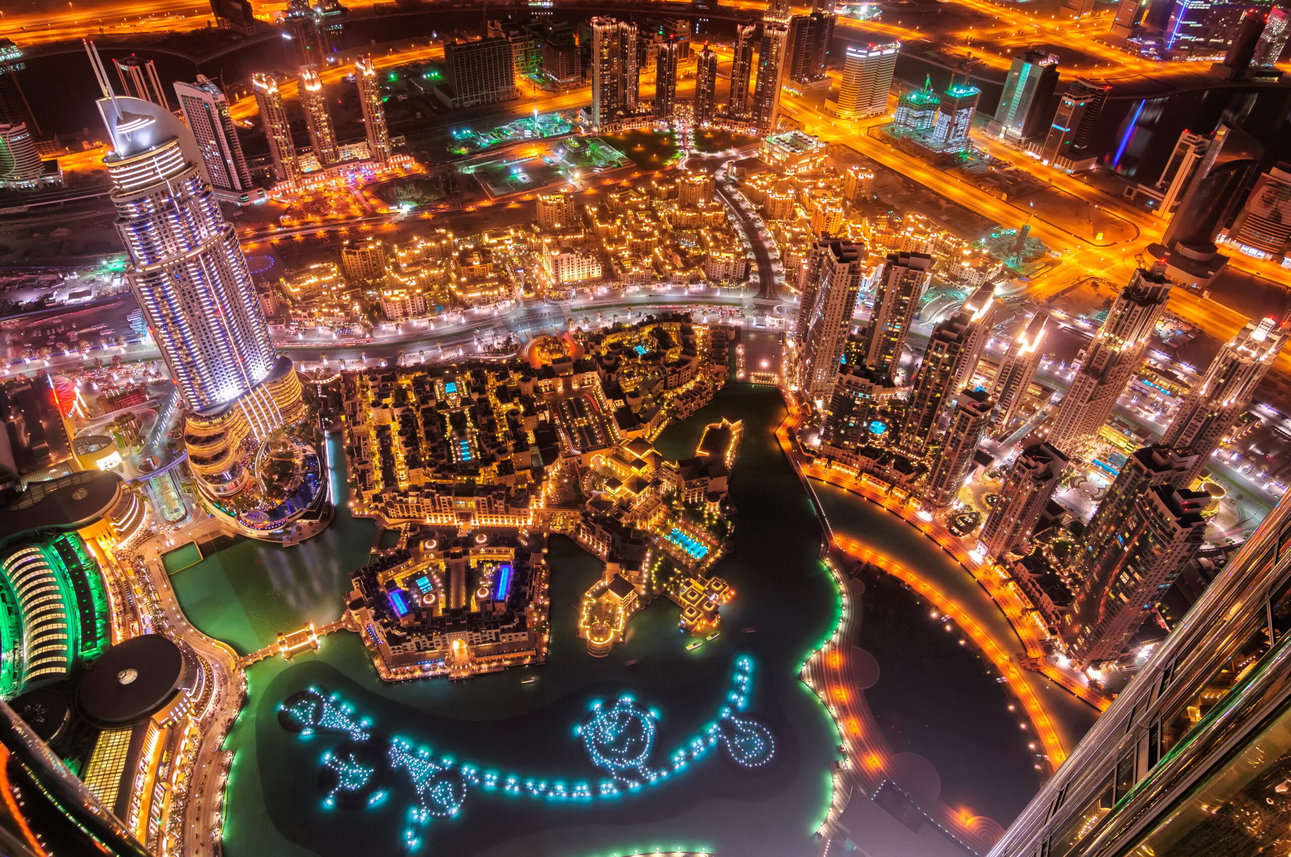 Aerial night view of Global Village Dubai attractions
