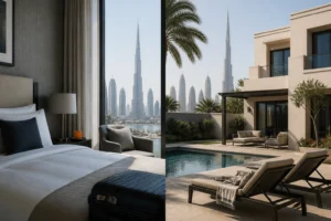 Professional header image for comparison analysis: Villa of Hotelkamer in Dubai: Wanneer Kies Je voor een Va...